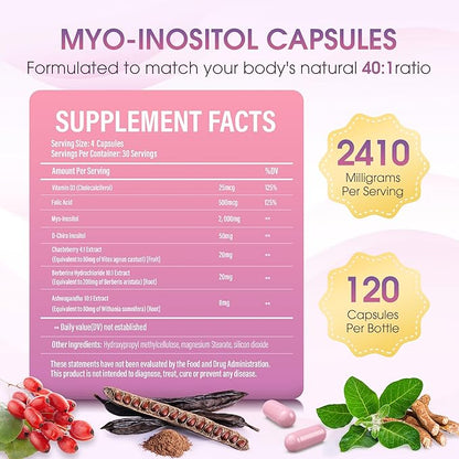 Inositol Supplement - Myo-Inositol and D-Chiro Inositol Plus Chasteberry,Berberine & Ashwagandha - Ideal 40:1 Ratio, Hormone Balance & Ovarian Support PCOS Supplements for Women-120 Capsules