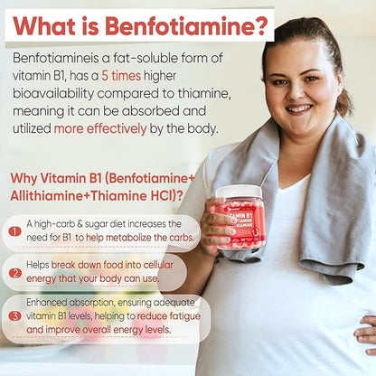 Vitamin B1 Gummies, Benfotiamine 300mg Allithiamine 50mg Thiamine 100mg +8 Vitamin B Complex,Inositol for Women Men, Includes Niacin, L-methylfolate, Methyl B12 for Nerve Energy Overall Health, 60Cts