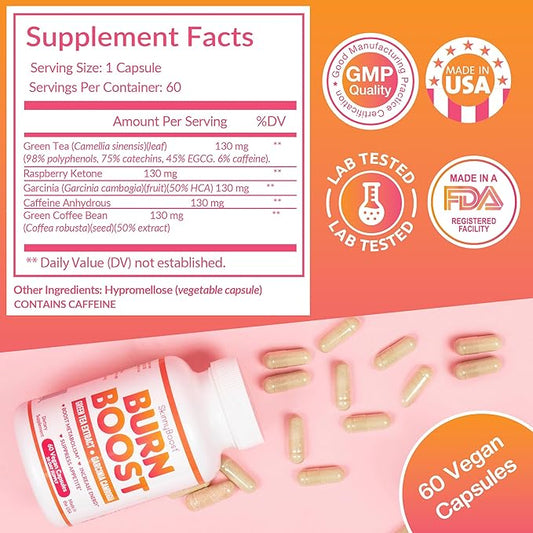 SkinnyBoost Burn Boost Capsules-60 Ct – Natural Vegan Metabolism Support with Green Tea & Garcinia Cambogia -Anotioxidants, Energy and Weight Management Burn Boost Vegan Capsules