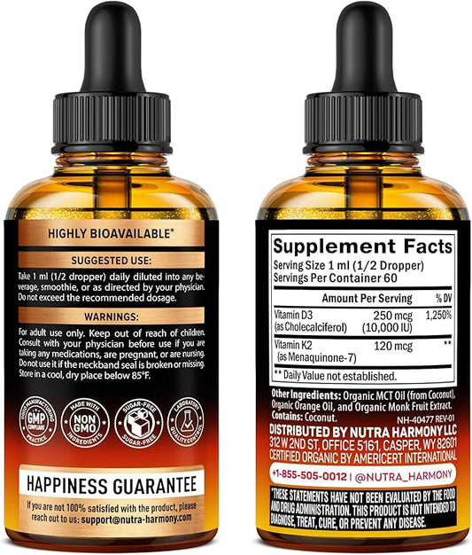 Vitamin D3 K2 USDA Organic Drops - Vitamin D3 10000 IU & K2 as MK-7 120mcg - Immune & Mood Support, Bone & Teeth Health - Sugar-Free Orange Flavor - Liquid Supplement - Made in USA - 2 FL OZ, 60 Days