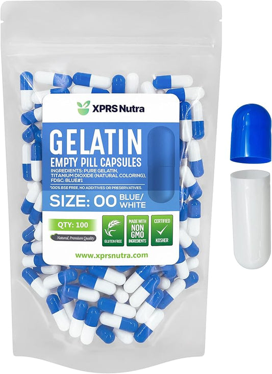 XPRS Nutra Size 00 Empty Capsules - 100 Count Empty Gelatin Capsules - Empty Pill Capsules - DIY Capsule Filling - Fillable Pill Capsules Empty Gel Caps (Blue/White)