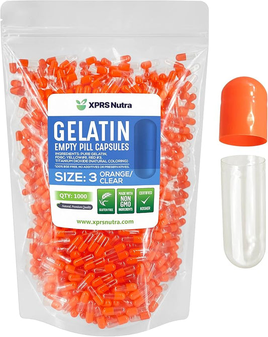 XPRS Nutra Size 3 Empty Capsules - 1000 Count Empty Gelatin Capsules - Empty Pill Capsules - DIY Capsule Filling - Pure Bovine Pill Capsules Empty Gel Caps (Orange/Clear)