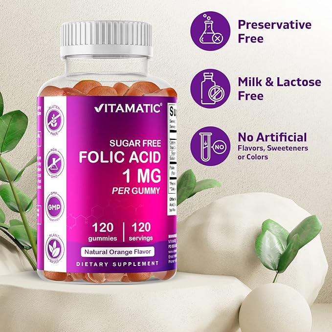 2 Pack Vitamatic Folic Acid Gummies 1000 mcg (1 mg) - an Essential Prenatal Vitamins for Mom & Baby - Vitamin B9 - 120 Vegan Gummies