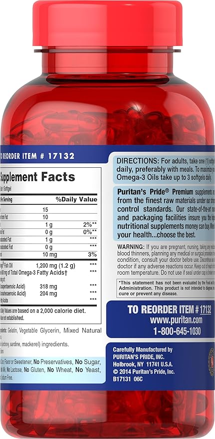 Puritan's Pride Double Strength Omega-3 Fish 1200 Mg, 180 Count