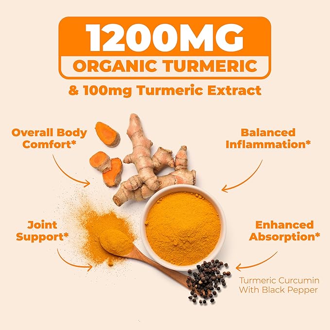 Turmeric Supplement - Turmeric Curcumin Supplement. 1200mg Turmeric Powder Organic & Bioperine Joint Support Supplement. 95% Curcuminoids. Organic Turmeric Curcumin with Black Pepper - 60 Tumeric Caps
