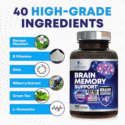 Nootropic Brain Supplements for Memory and Focus - 40 Nootropics & Vitamins to Support Clarity & Concentration, Brain Health Memory Pills with Phosphatidylserine Bacopa Huperzine & DMAE - 180 Capsules