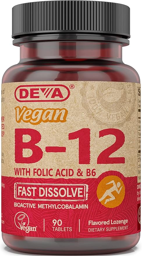 DEVA Vegan Vitamin B12 Fast Dissolve Supplement 1000 Mcg B12, Folic B6 - 90 Dissolvable