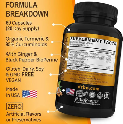 Turmeric Curcumin with BioPerine & Ginger Supplement 1950mg Organic 60 Capsules
