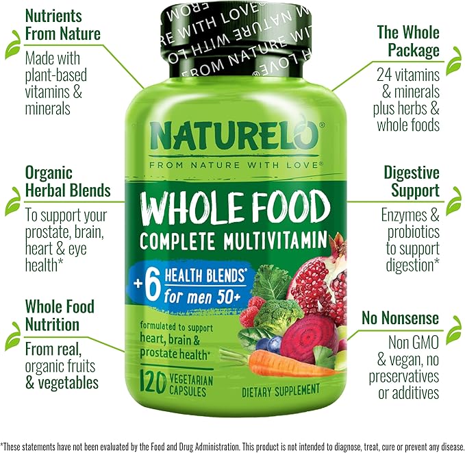 NATURELO Whole Food Multivitamin for Men 50+ 120 Capsules
