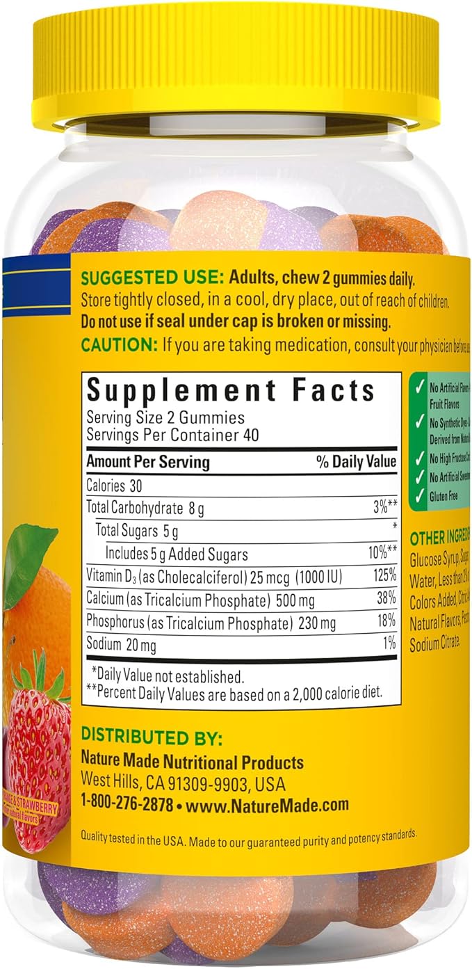 Nature Made Calcium Gummies 500 mg D3, Dietary 80 Gummies, 40 Day