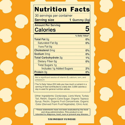 Mini Mushy's Organic Everyday Support Gummies | Turkey Tail, Reishi, Lions Mane, Cordyceps Mushrooms | for Kids Aged 2+ Natural Color, Allergy Friendly, Low Sugar | Strawberry Flavor - 30 Count