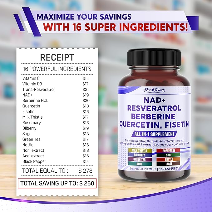 NAD+ Trans-Resveratrol 9000mg Berberine 4000mg Quercetin 1000mg Fisetin 1000mg -