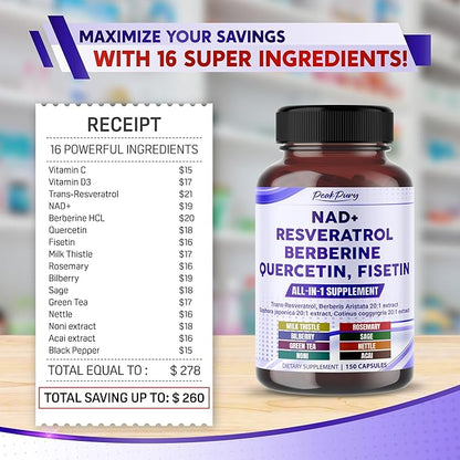 NAD+ Trans-Resveratrol 9000mg Berberine 4000mg Quercetin 1000mg Fisetin 1000mg -