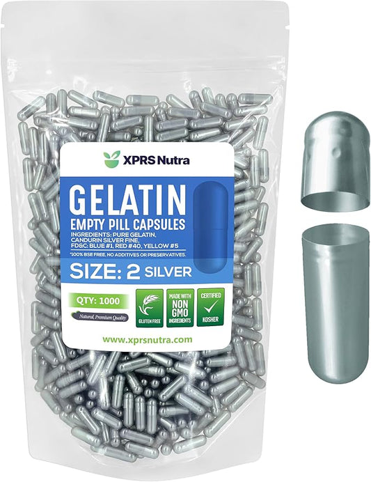 XPRS Nutra Size 2 Empty Capsules - 1000 Count Empty Gelatin Capsules - Empty Pill Capsules - DIY Supplement Capsule Filling - Fillable Color Gel Caps Pills (Silver)