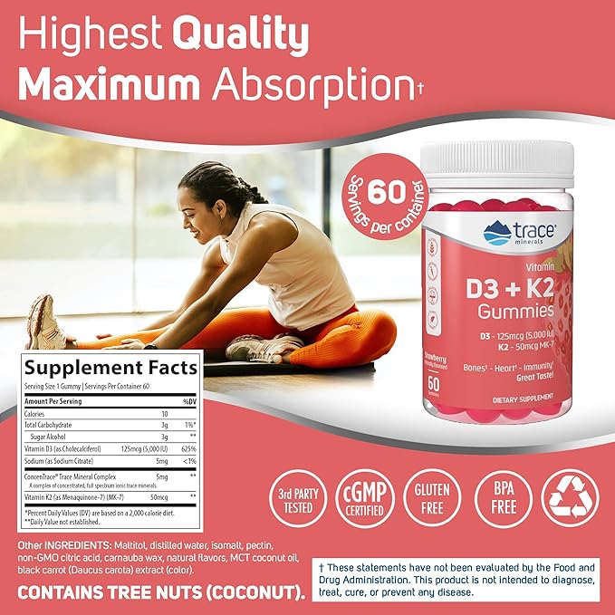 Trace Minerals | Vitamin D3 + K2 Gummies 5,000 IU D3 + 50 mcg K2 | 60 Servings