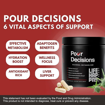 Life Happns Pour Decisions Liver Health Supplement with Milk Thistle, Vitamin B6, Electrolytes - Supports Hydration and Recovery, 60 Capsules