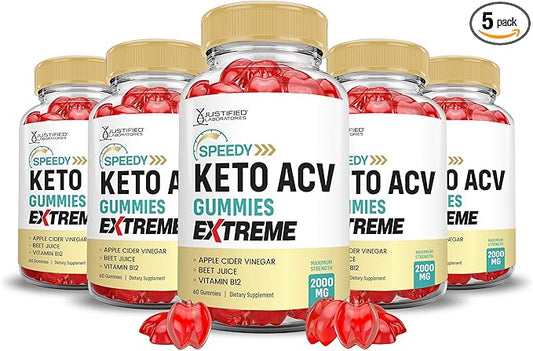 Justified Laboratories (5 Pack Speedy Keto ACV Gummies Extreme 2000MG Speedy Keto Gummies Advanced Formula Apple Cider Vinegar with Pomegranate Beet Juice Powder B12 Vegan Non GMO 300 Gummys