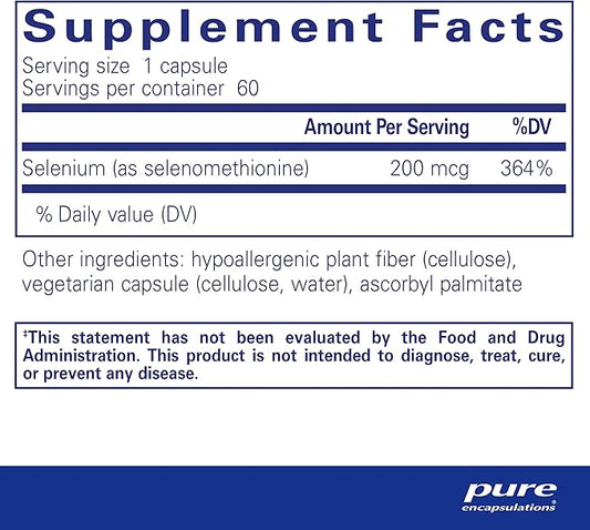 Pure Encapsulations Selenium - 200 mcg - for Healthy Cellular Function, Immune System & Antioxidant Defenses - Mineral Supplement - Vegan & Gluten Free - 60 Capsules