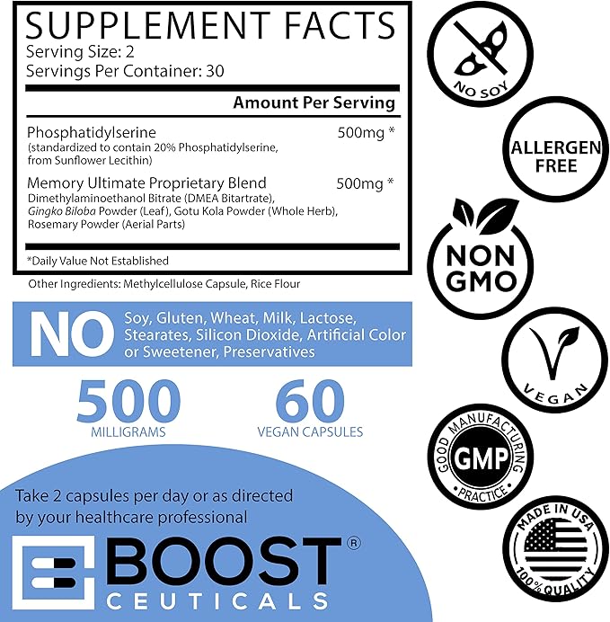 Phosphatidylserine Supplement 500mg Vegan Non GMO 100mg Plus 500mg Complex