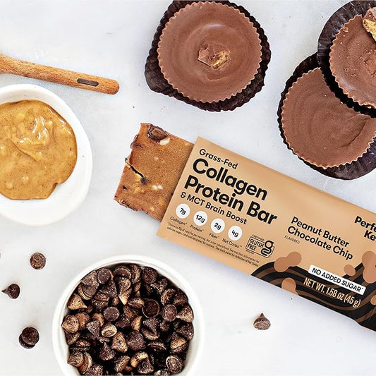 Perfect Keto Collagen Protein Bar, Gluten Free Grass Fed Collagen + MCT Oil, Low Carb, No Sugar Added, High Protein Snacks, Keto Diet Foods, 13g Protein, 18g Fat, 3g Net Carbs, Peanut Butter Chocolate Chip, 12 Bars