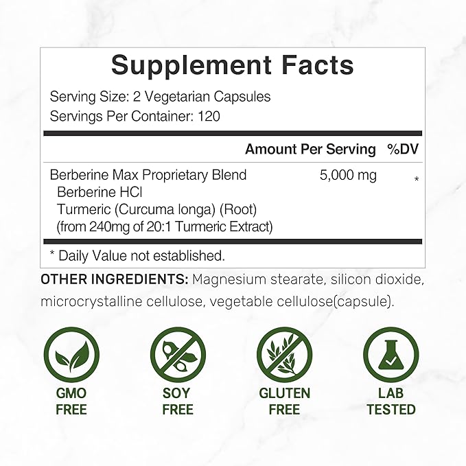 Berberine Max Supplement with Turmeric, 5,000mg 240 Veggie 97% Pure 25:1 Berberine