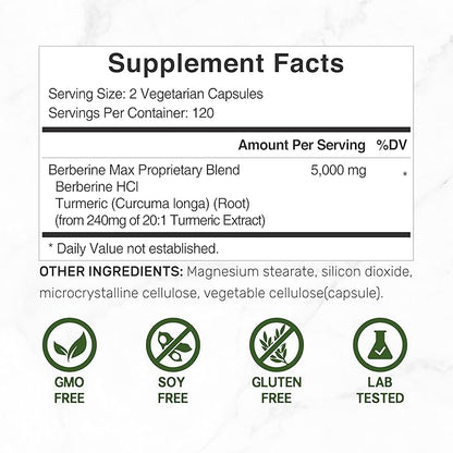 Berberine Max Supplement with Turmeric, 5,000mg 240 Veggie 97% Pure 25:1 Berberine