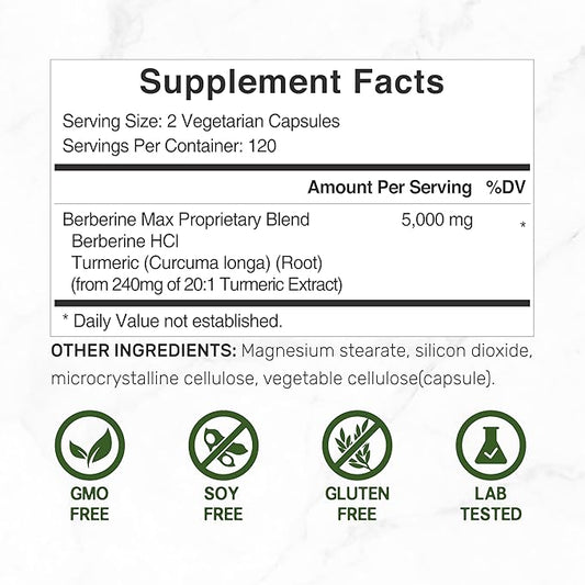 Berberine Max Supplement with Turmeric, 5,000mg 240 Veggie 97% Pure 25:1 Berberine