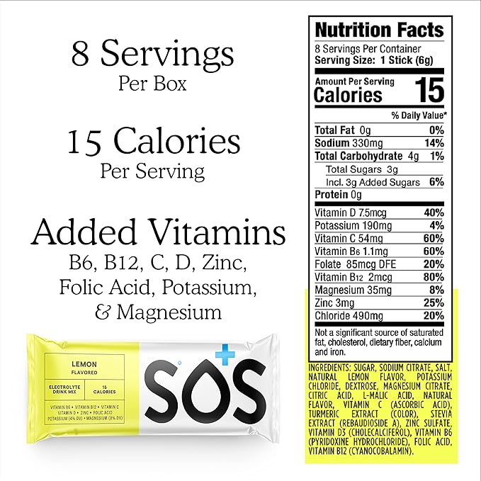 SOS Hydration Electrolyte Powder Packets, Lemon Flavor, 8 Stick Packs – Low-Calorie, Zero Sugar, Rapid Rehydration, Made in USA, Keto & Vegan Friendly