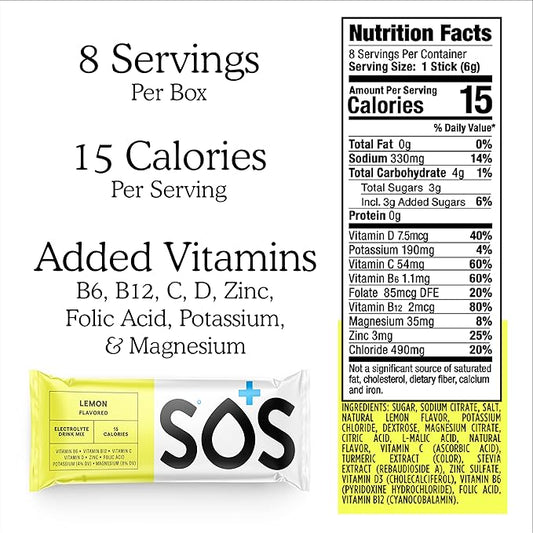 SOS Hydration Electrolyte Powder Packets, Lemon Flavor, 8 Stick Packs – Low-Calorie, Zero Sugar, Rapid Rehydration, Made in USA, Keto & Vegan Friendly