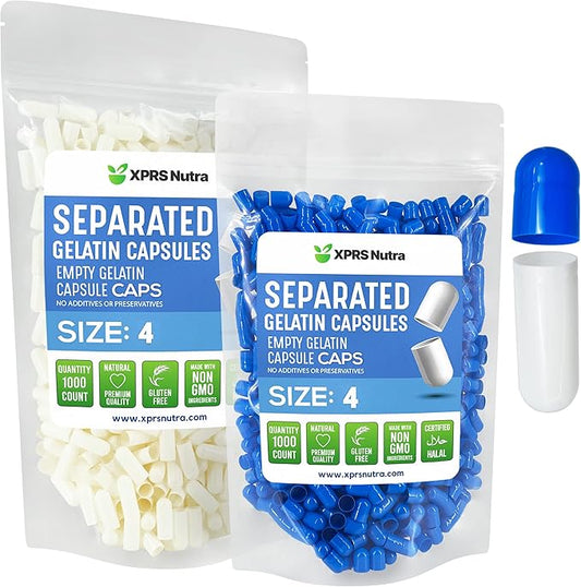 XPRS Nutra Gelatin Size 4 Separated Capsules - 1000 Count Small Empty Capsules Separated in Bags - Empty Pill Capsules - Size 4 Gel Capsules Empty- Capsules Empty DIY Supplement Filling (Blue/White)