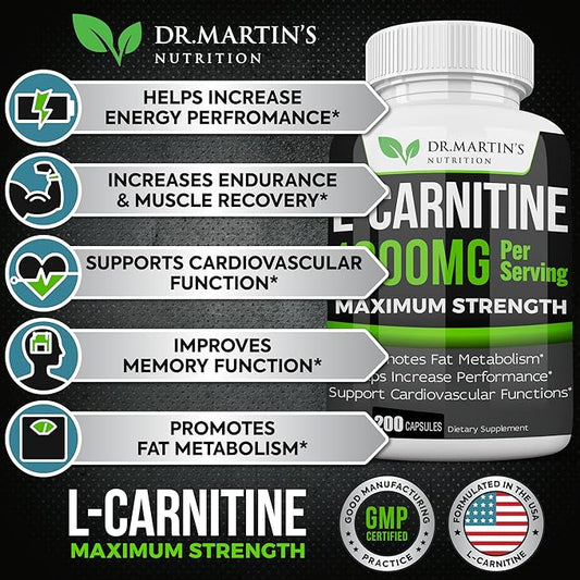 DR. MARTIN'S NUTRITION Extra Strength L-Carnitine - 200 Capsules - 1000mg Per Serving - Boost Your Metabolism and Increase Performance