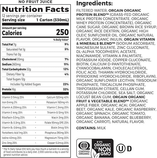 Orgain Organic Nutritional Protein Shake, Vanilla Bean - 16g Grass Fed Whey Protein, Meal Replacement, 20 Vitamins & Minerals, Fruits & Vegetables, Gluten Free, Non-GMO, 11 Fl Oz (12 Pack)