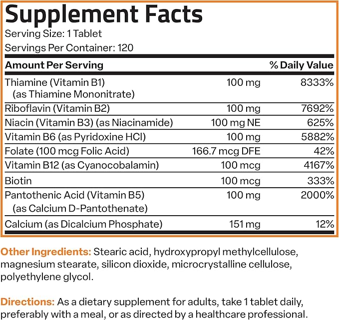 Bronson Vitamin B 100 Complex High B1, B2, B2, B3, B3, B6, B6, B9 B9 - B12), 120 120 Tablets
