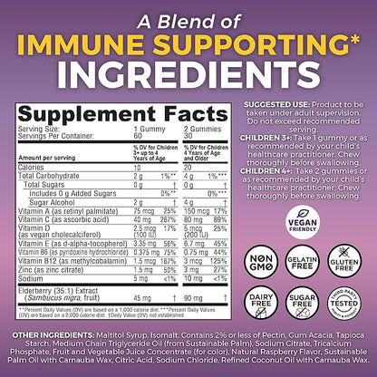 Viva Naturals 8in1 Elderberry Gummies for Kids with Vitamin C, D and Zinc - 60 Sugar Free Kids Immune Support Black Elderberry Gummies - Elderberry Vitamin C and Zinc Immune Support Supplement
