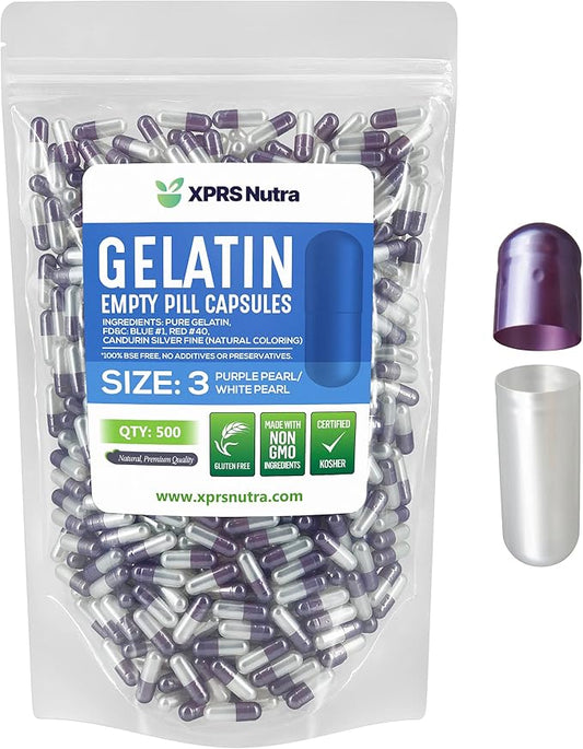 XPRS Nutra Size 3 Empty Capsules - 500 Count Empty Gelatin Capsules - Empty Pill Capsules - DIY Capsule Filling - Pure Bovine Pill Capsules Empty Gel Caps (Pearl Purple/White)