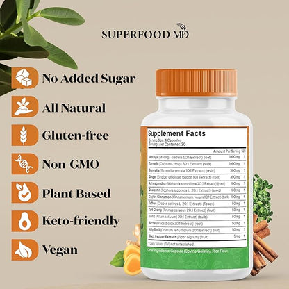 Turmeric Moringa 50000mg Supplement | Ginger Boswellia 3000mg Saffron 2000mg Holy Basil- Joint Support Supplement for Women and Men with Ceylon Cinnamon, Quercetin, Tart Cherry- 360 Count