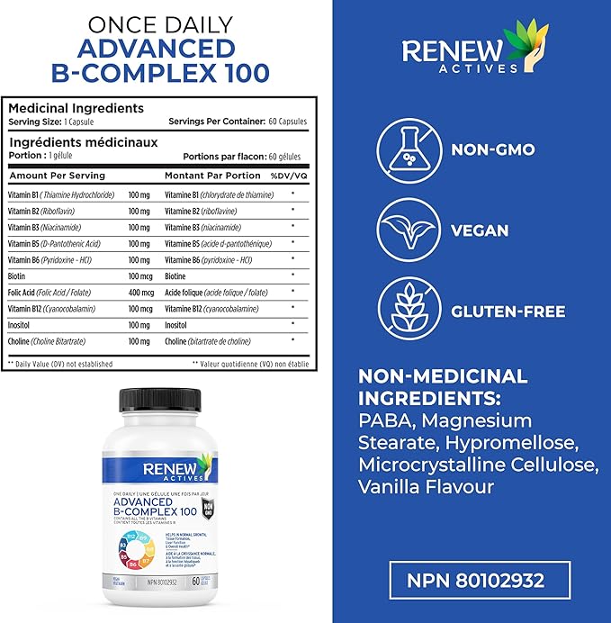 Renew Actives Vitamin B Complex 100: 100% of B1, B2, B2, B3, B3, B5, B5, B-6, B-6, B-12. B-12. Promotes 60 Caps