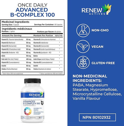 Renew Actives Vitamin B Complex 100: 100% of B1, B2, B2, B3, B3, B5, B5, B-6, B-6, B-12. B-12. Promotes 60 Caps