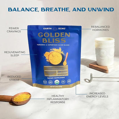 Earth Echo Golden Bliss, Organic Turmeric Superfood Elixir Blend with Ashwagandha Root, MCT Oil and 4 Mushroom Blend for Restful Sleep, Immune Support and Reduces Craving, Dairy-Free, 30 Servings