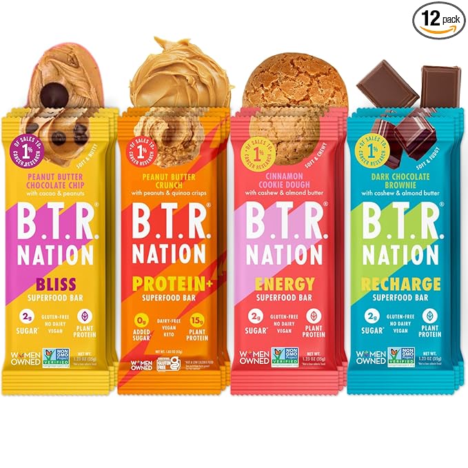 B.T.R. Bar Superfood Keto Protein Bars, Plant Based Vegan Protein, Low Carb Food, Low Calorie, Gluten Free, No Sugar Alcohols, Boosted with Superfoods - (12 Pack) (Variety Pack)