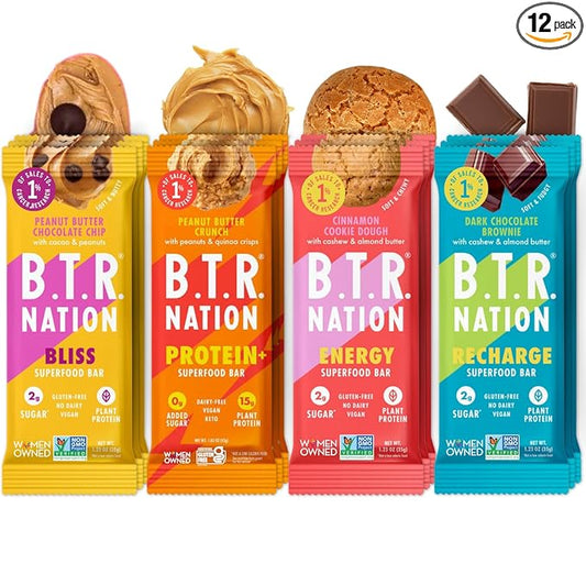 B.T.R. Bar Superfood Keto Protein Bars, Plant Based Vegan Protein, Low Carb Food, Low Calorie, Gluten Free, No Sugar Alcohols, Boosted with Superfoods - (12 Pack) (Variety Pack)