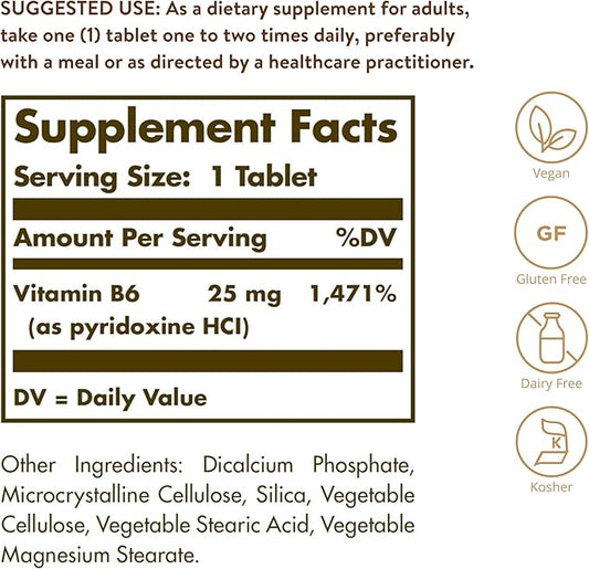 Solgar Vitamin B6 25 mg, 100 Tablets 100 Servings