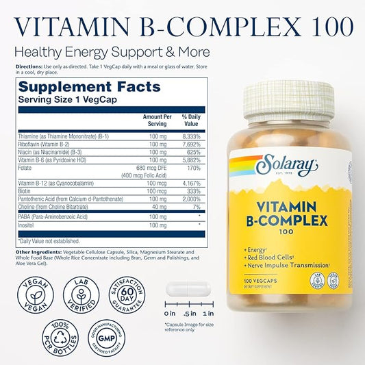 SOLARAY Vitamin B-Complex 100 mg, Healthy 100 VegCaps (100 Count)
