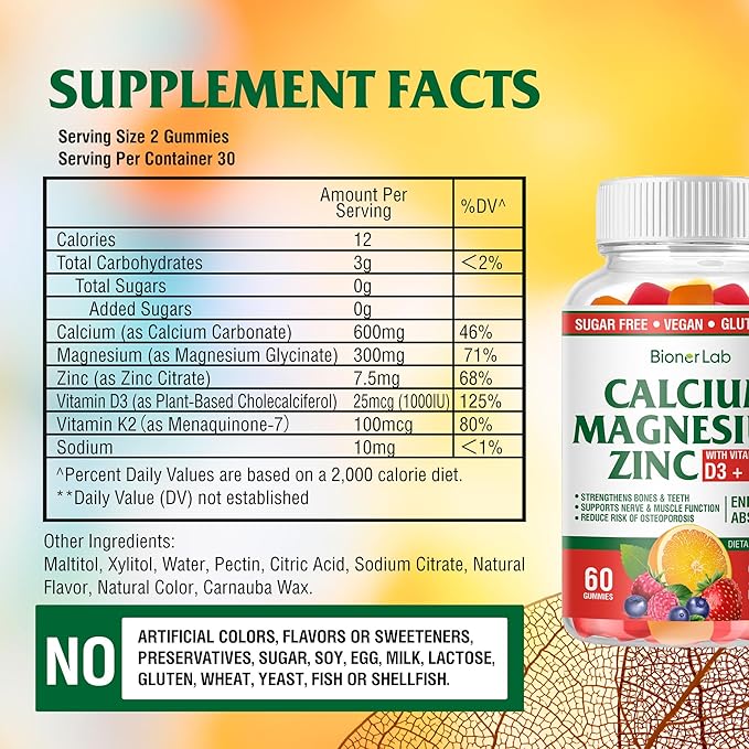 Calcium Magnesium Zinc Gummies with Vitamin D3 & K2 -