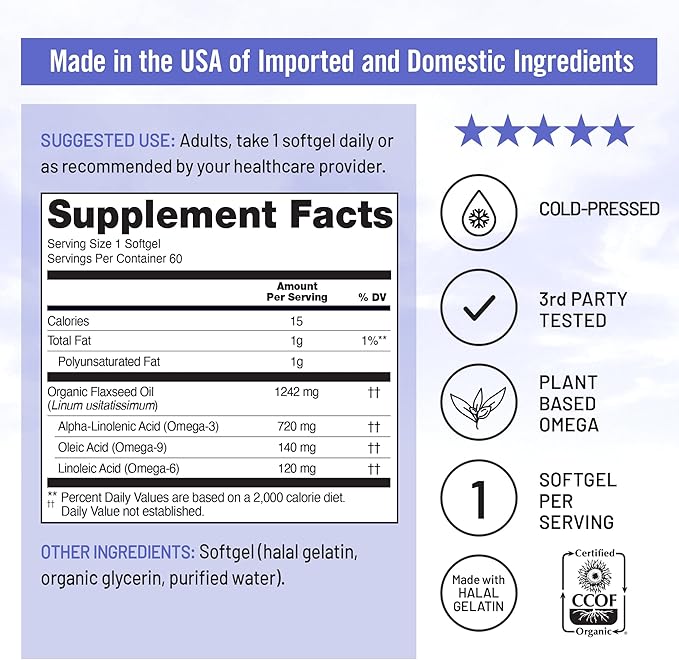NatureWise Flaxseed Oil 1200 mg, Fish Free Omega 3 6 9 with 720mg ALA, Dietary Supplement for Heart Health Support - Organic, Cold Pressed, Non-GMO - 60 Softgels[2-Month Supply]