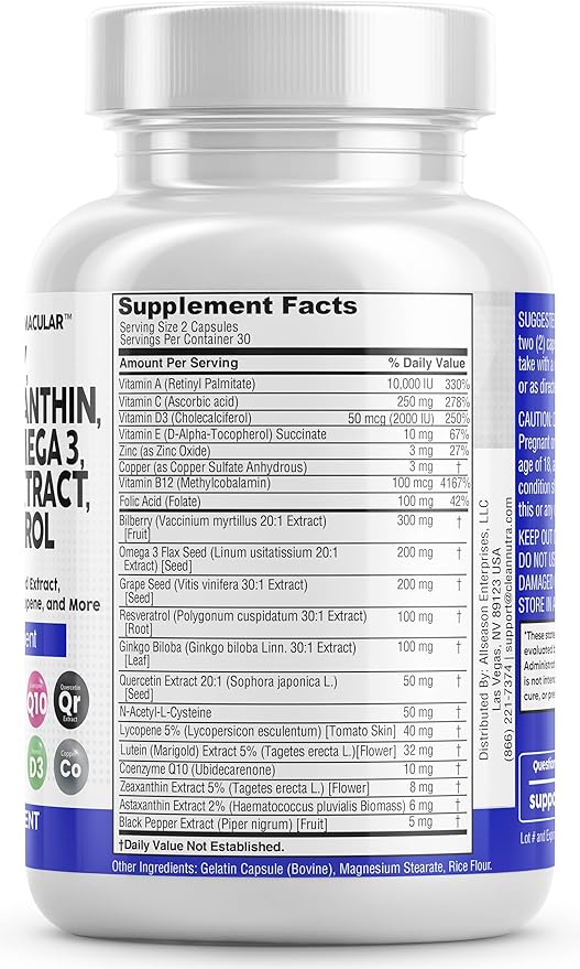 Eye Health Vitamins with Bilberry 6000mg 40mg Lycopene 40mg Resveratrol 3000mg Grape 6000mg Omega 3 4000mg 4000mg Astaxanthin 60 Capsules