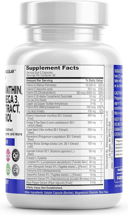 Eye Health Vitamins with Bilberry 6000mg 40mg Lycopene 40mg Resveratrol 3000mg Grape 6000mg Omega 3 4000mg 4000mg Astaxanthin 60 Capsules
