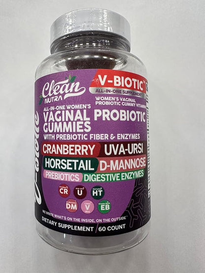 Clean Nutraceuticals Vaginal Probiotics for Women Gummies with Cranberry, Uva Ursi, Horsetail, D-Mannose, Prebiotics & Digestive Enzymes, Vaginal Health Supplement for pH Balance Flora Odor VBiotic