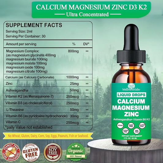 Calcium Magnesium Zinc Liquid Drops with Vitamin D3 K2, High Potency Calcium Magnesium Supplement w/Magnesium Complex, Zinc, Theanine丨Gluten Free丨 for Immune, Bone,Muscle, Mood & Sleep Support