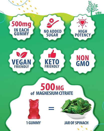 Sugar-Free Magnesium Gummies for Kids & Teens - 500mg Calm Magnesium Citrate Gummies - Chewable Magnesium Gummy Supplement for Sleep, Mood & Muscle Support